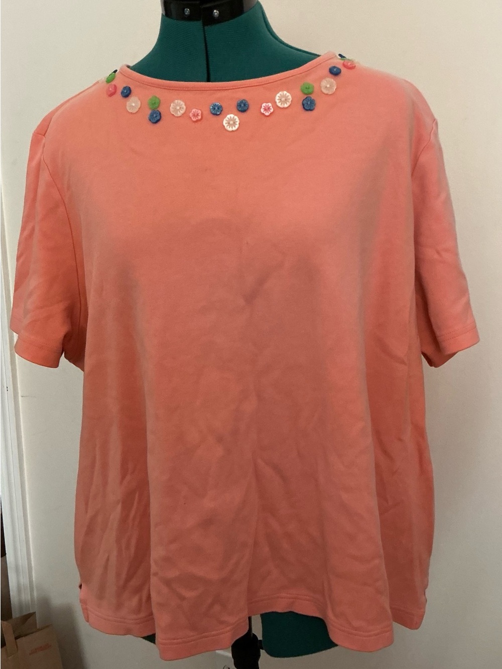 breckenridge Coral Short-Sleeve Top with Multicolor Button Embellishments